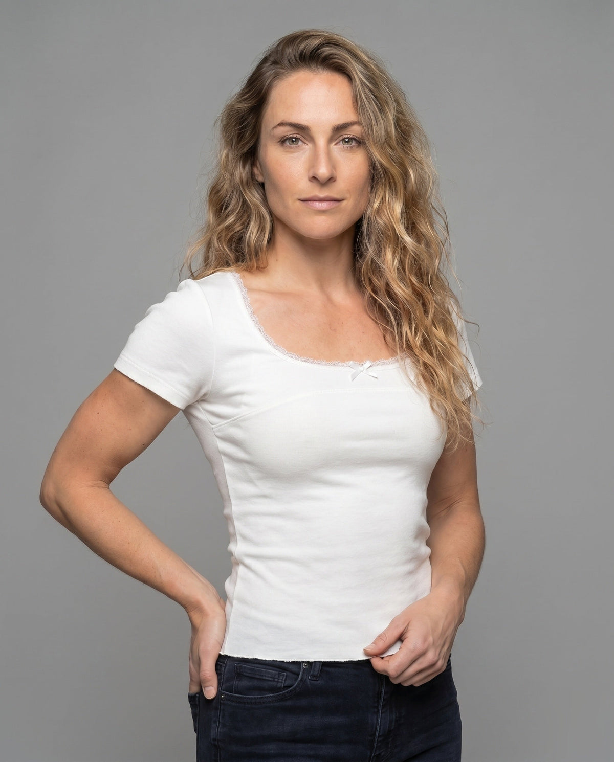 Women's Fitted T-Shirt with Fine Lace Decoration - Upper Body View