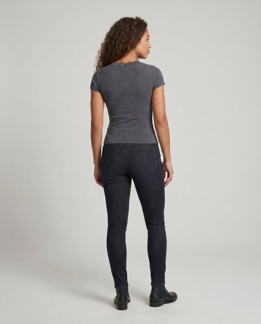 Women's Fitted V-Neck T-Shirt with Lace Accents - Back View