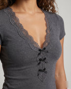 Women's Fitted V-Neck T-Shirt with Lace Accents - Close-Up Detail