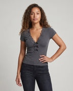 Women's Fitted V-Neck T-Shirt with Lace Accents - Upper Body View
