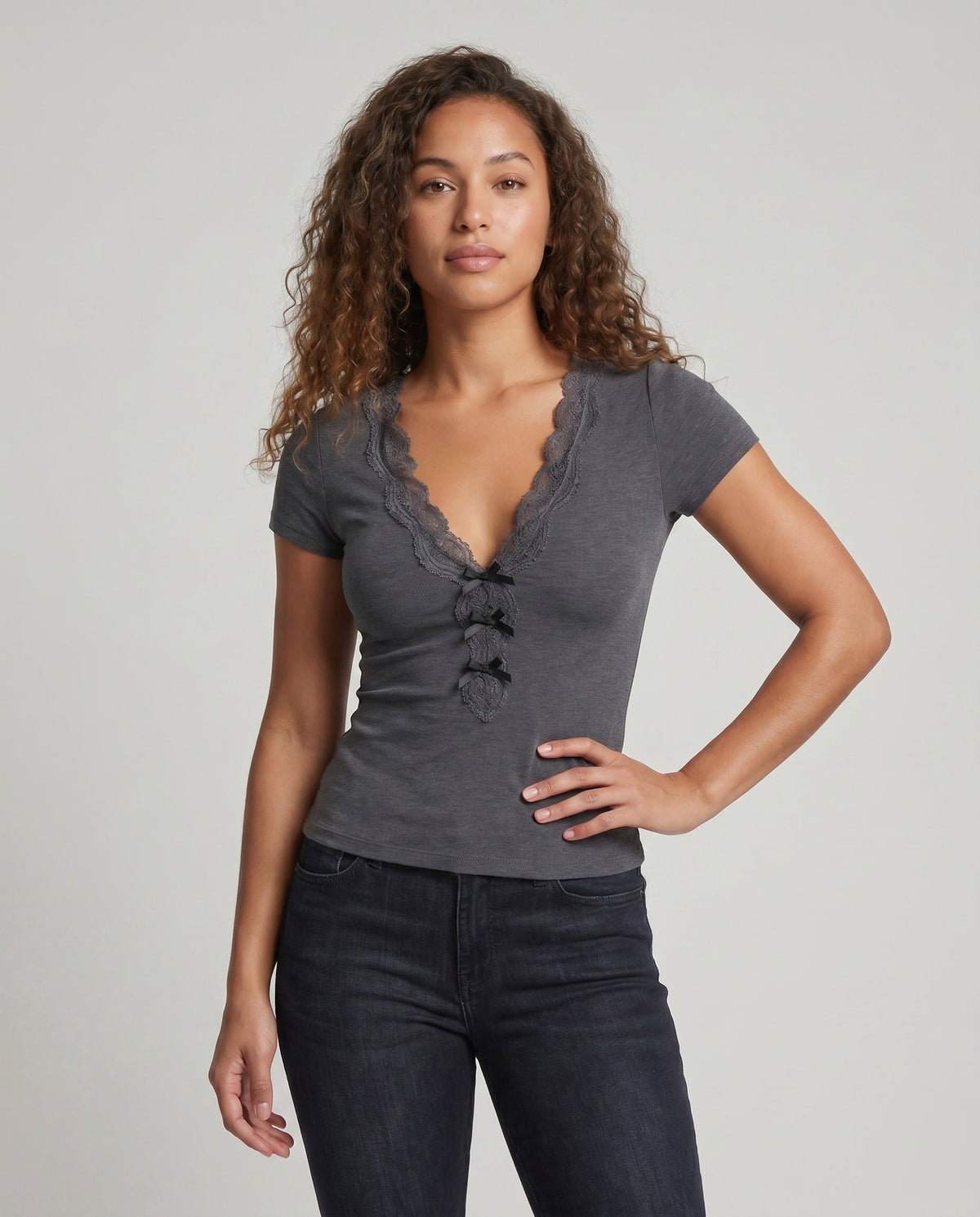 Women's Fitted V-Neck T-Shirt with Lace Accents - Upper Body View