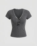 Women's Fitted V-Neck T-Shirt with Lace Accents
