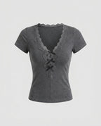 Women's Fitted V-Neck T-Shirt with Lace Accents