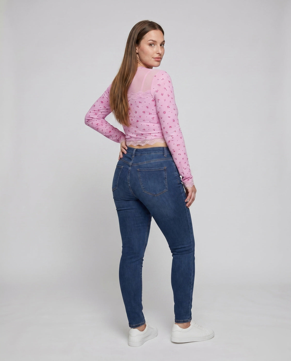 Women's Long-Sleeved Crop Top with Delicate Lace Trim and Floral Print - Back View