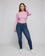 Women's Long-Sleeved Crop Top with Delicate Lace Trim and Floral Print - Front View
