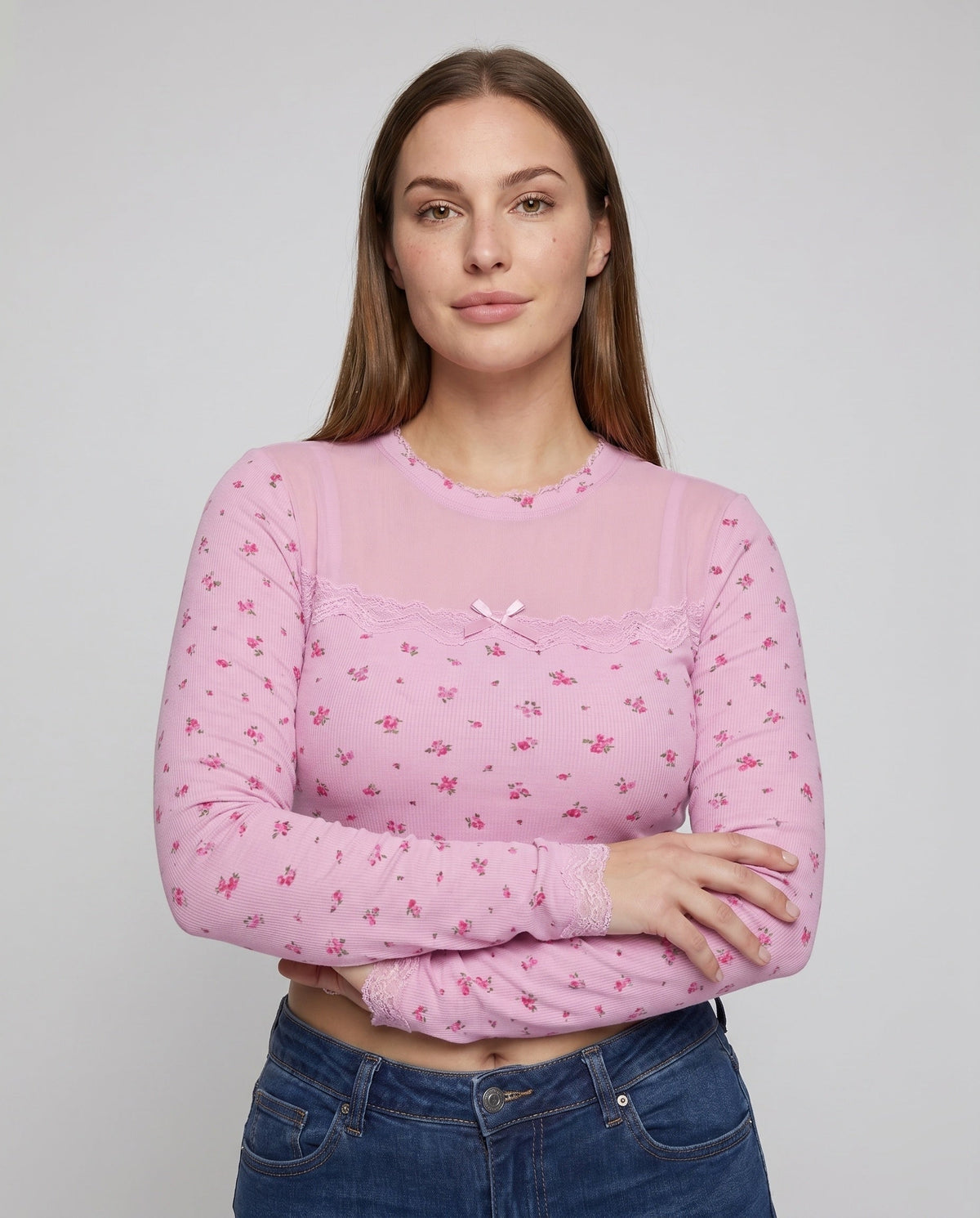 Women's Long-Sleeved Crop Top with Delicate Lace Trim and Floral Print - Upper Body View