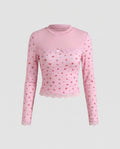 Women's Long-Sleeved Crop Top with Delicate Lace Trim and Floral Print