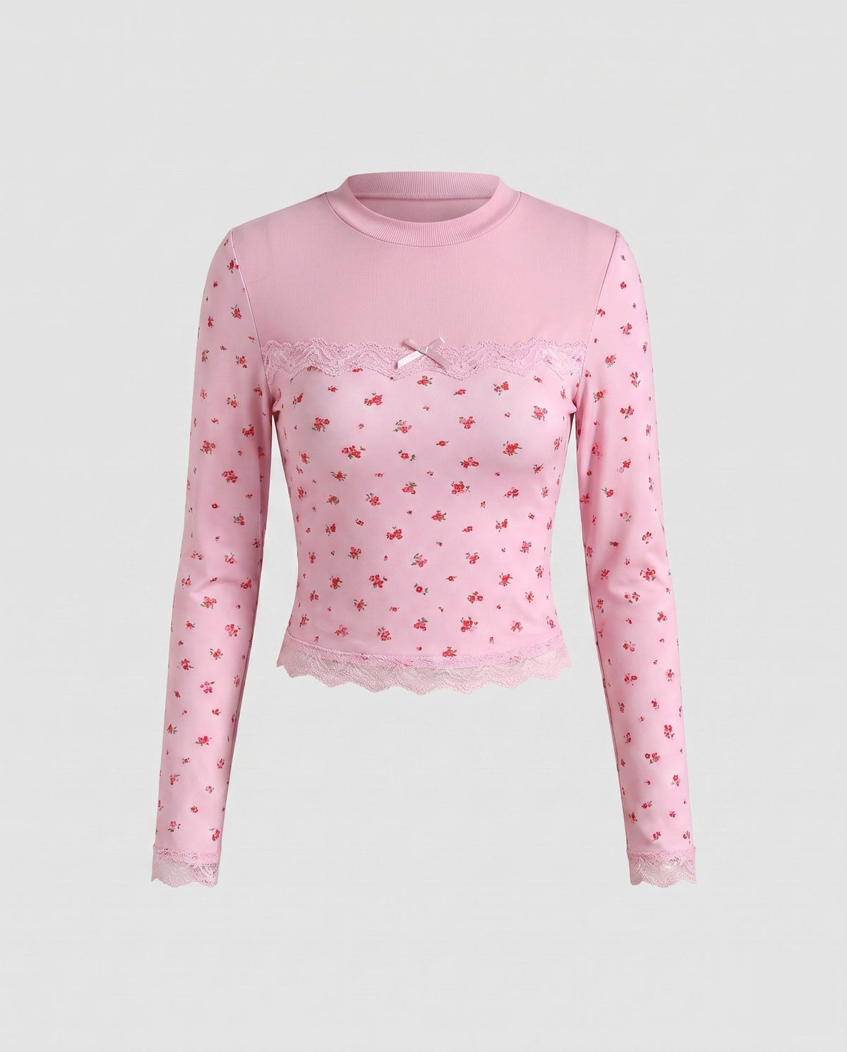 Women's Long-Sleeved Crop Top with Delicate Lace Trim and Floral Print