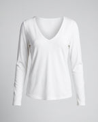 Women's Long-Sleeved Top with Elegant V-Neck and Delicate Lace Accents