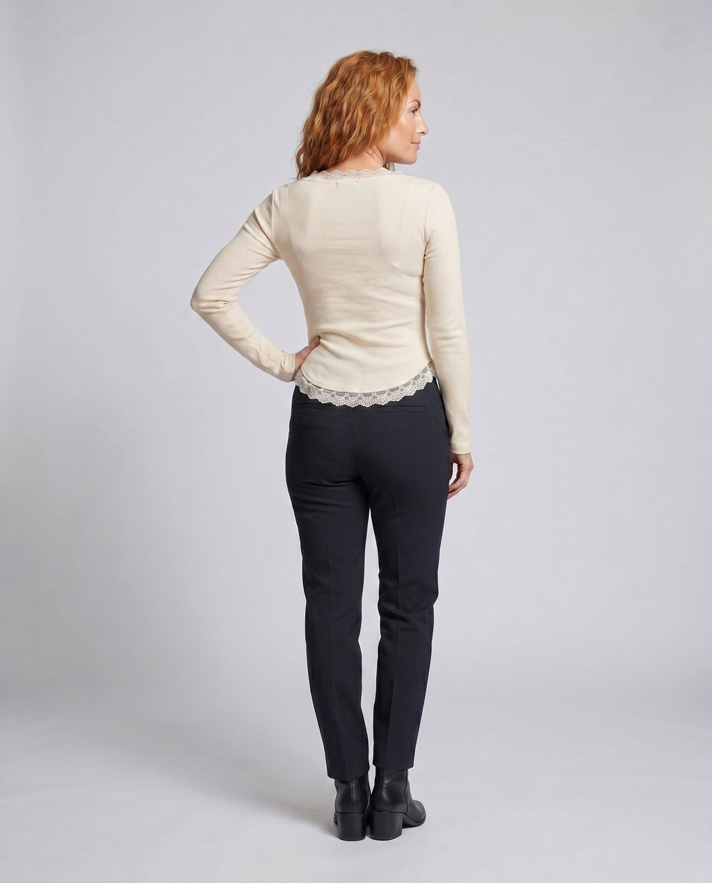 Women's Long-Sleeved T-Shirt with Playful Plush Motif and Lace Trim - Back View