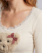 Women's Long-Sleeved T-Shirt with Playful Plush Motif and Lace Trim - Close-Up Detail