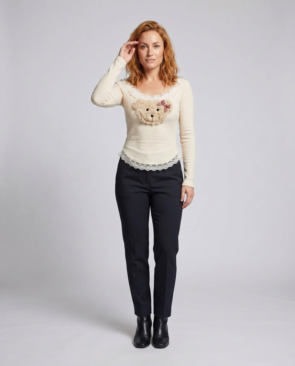 Women's Long-Sleeved T-Shirt with Playful Plush Motif and Lace Trim - Front View