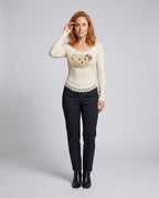 Women's Long-Sleeved T-Shirt with Playful Plush Motif and Lace Trim - Front View