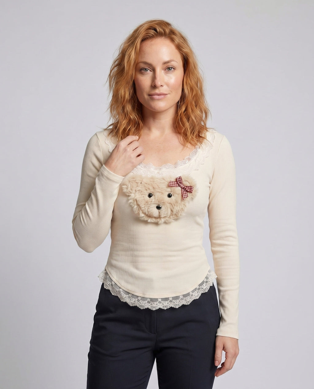 Women's Long-Sleeved T-Shirt with Playful Plush Motif and Lace Trim - Upper Body View