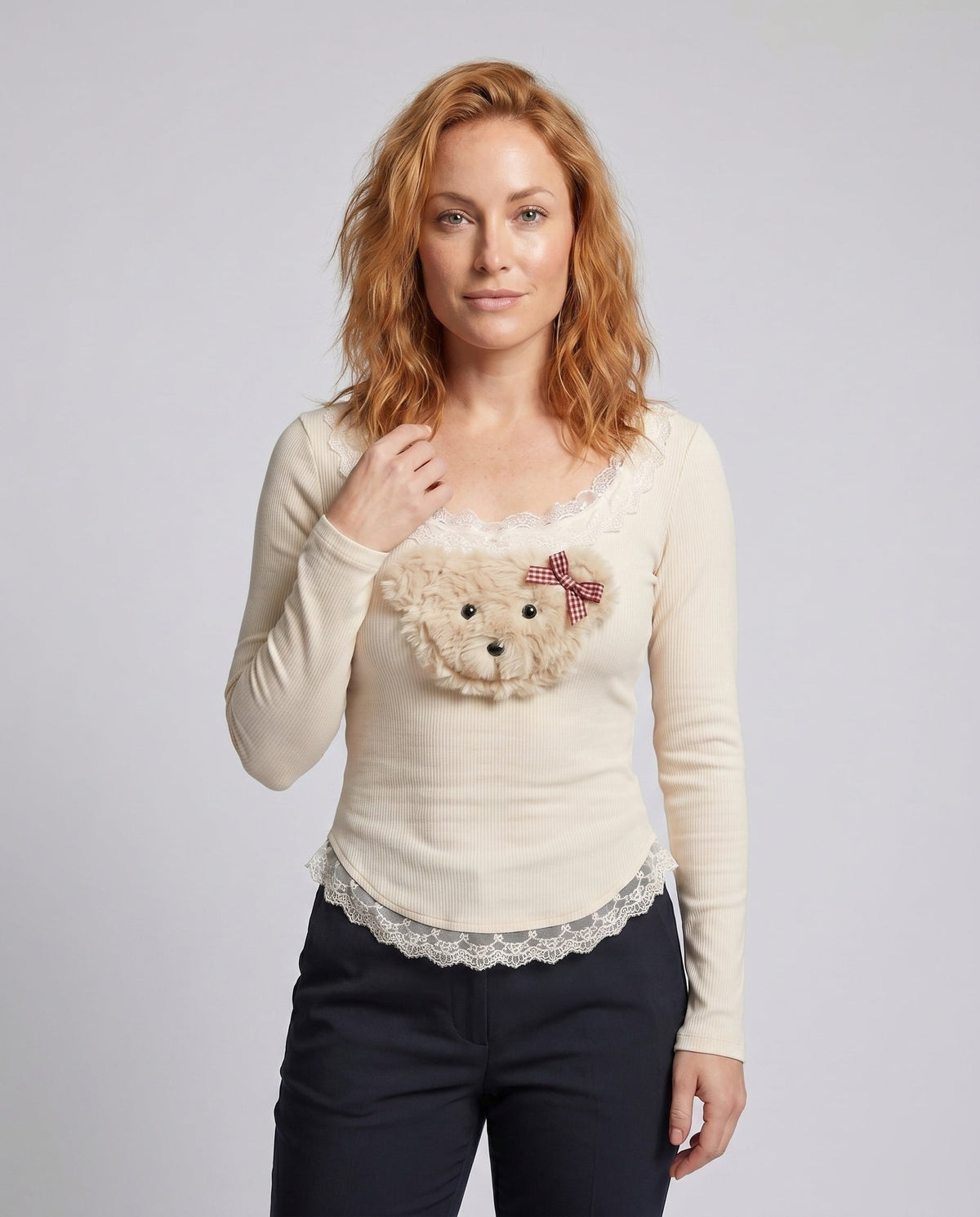 Women's Long-Sleeved T-Shirt with Playful Plush Motif and Lace Trim - Upper Body View