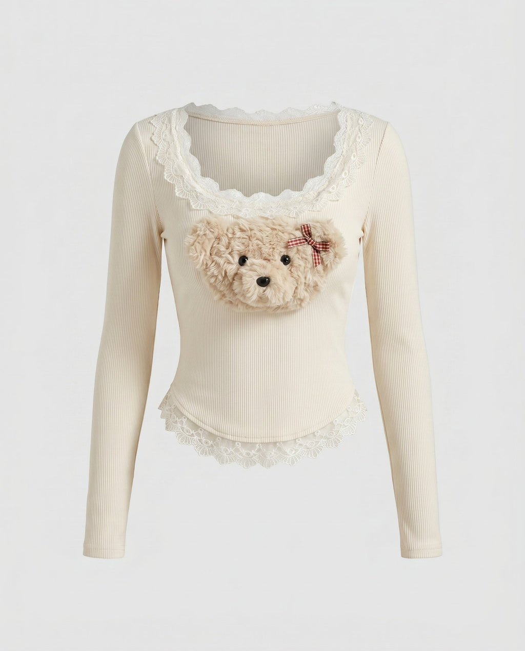 Women's Long-Sleeved T-Shirt with Playful Plush Motif and Lace Trim