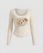 Women's Long-Sleeved T-Shirt with Playful Plush Motif and Lace Trim