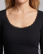 Women's Long-Sleeve Top with Romantic Lace Back and Elegant V-Neck - Close-Up Detail