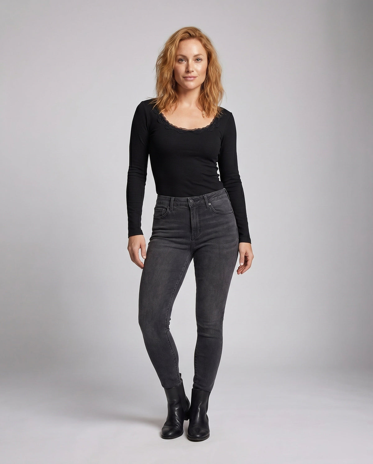 Women's Long-Sleeve Top with Romantic Lace Back and Elegant V-Neck - Front View