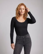 Women's Long-Sleeve Top with Romantic Lace Back and Elegant V-Neck - Upper Body View