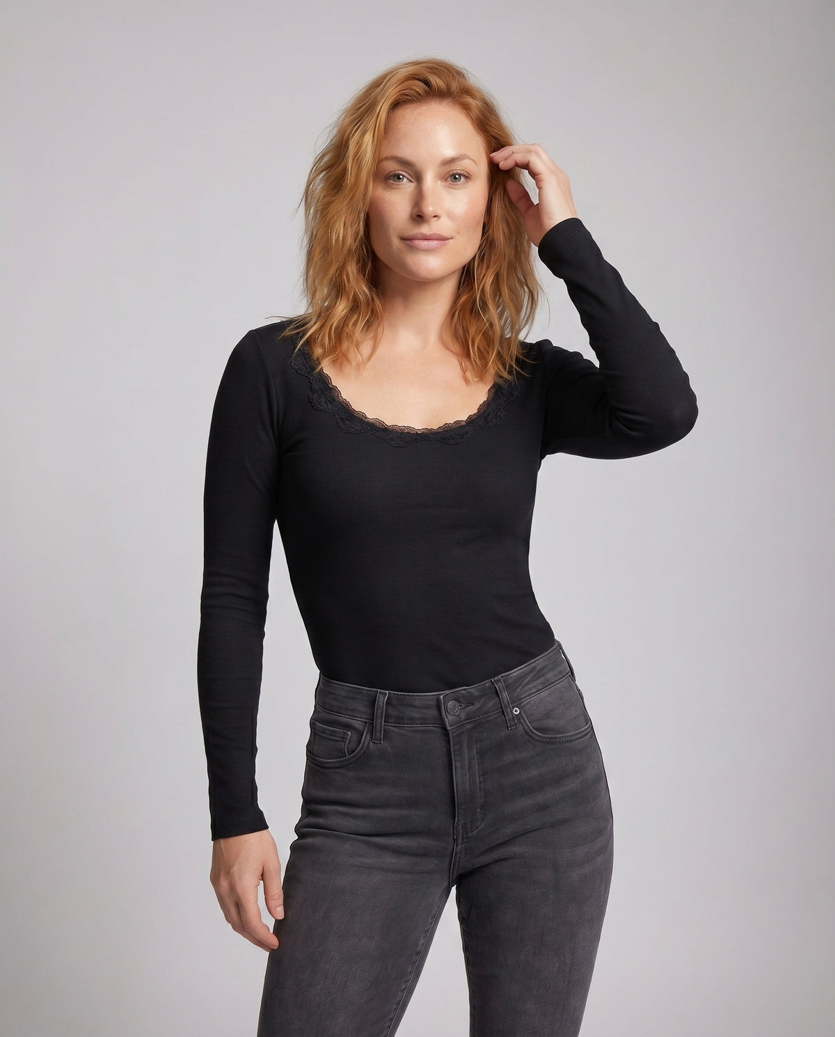 Women's Long-Sleeve Top with Romantic Lace Back and Elegant V-Neck - Upper Body View