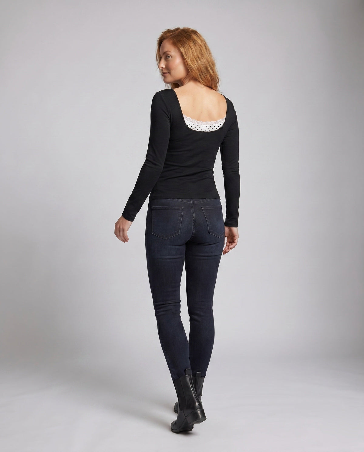 Women's Long-Sleeve Top with Playful Neckline and Elegant Lace - Back View