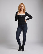 Women's Long-Sleeve Top with Playful Neckline and Elegant Lace - Front View