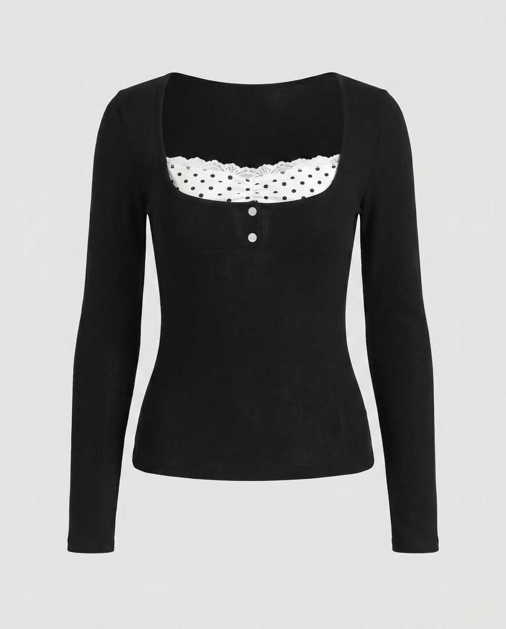 Women's Long-Sleeve Top with Playful Neckline and Elegant Lace