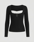 Women's Long-Sleeve Top with Playful Neckline and Elegant Lace