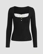 Women's Long-Sleeve Top with Playful Neckline and Elegant Lace