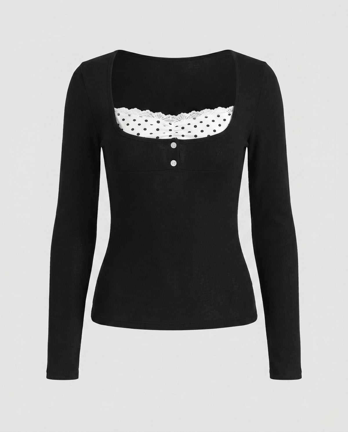 Women's Long-Sleeve Top with Playful Neckline and Elegant Lace