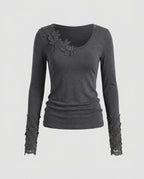 Women's Long Sleeve Shirt with Decorative Lace Trim