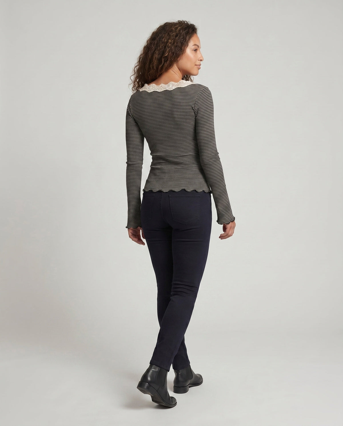 Women's Long Sleeve Shirt with Elegant Lace Collar and Striped Design - Back View