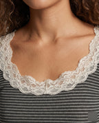 Women's Long Sleeve Shirt with Elegant Lace Collar and Striped Design - Close-Up Detail