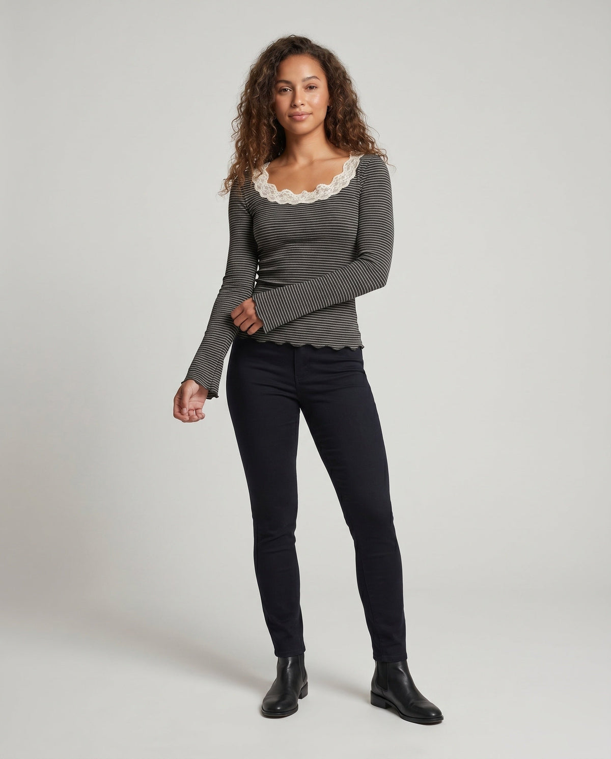 Women's Long Sleeve Shirt with Elegant Lace Collar and Striped Design - Front View
