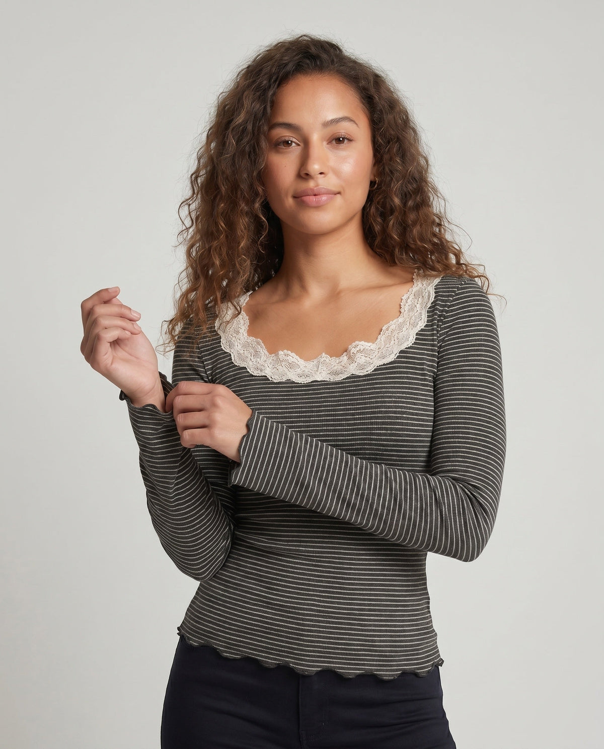 Women's Long Sleeve Shirt with Elegant Lace Collar and Striped Design - Upper Body View