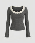 Women's Long Sleeve Shirt with Elegant Lace Collar and Striped Design