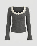 Women's Long Sleeve Shirt with Elegant Lace Collar and Striped Design