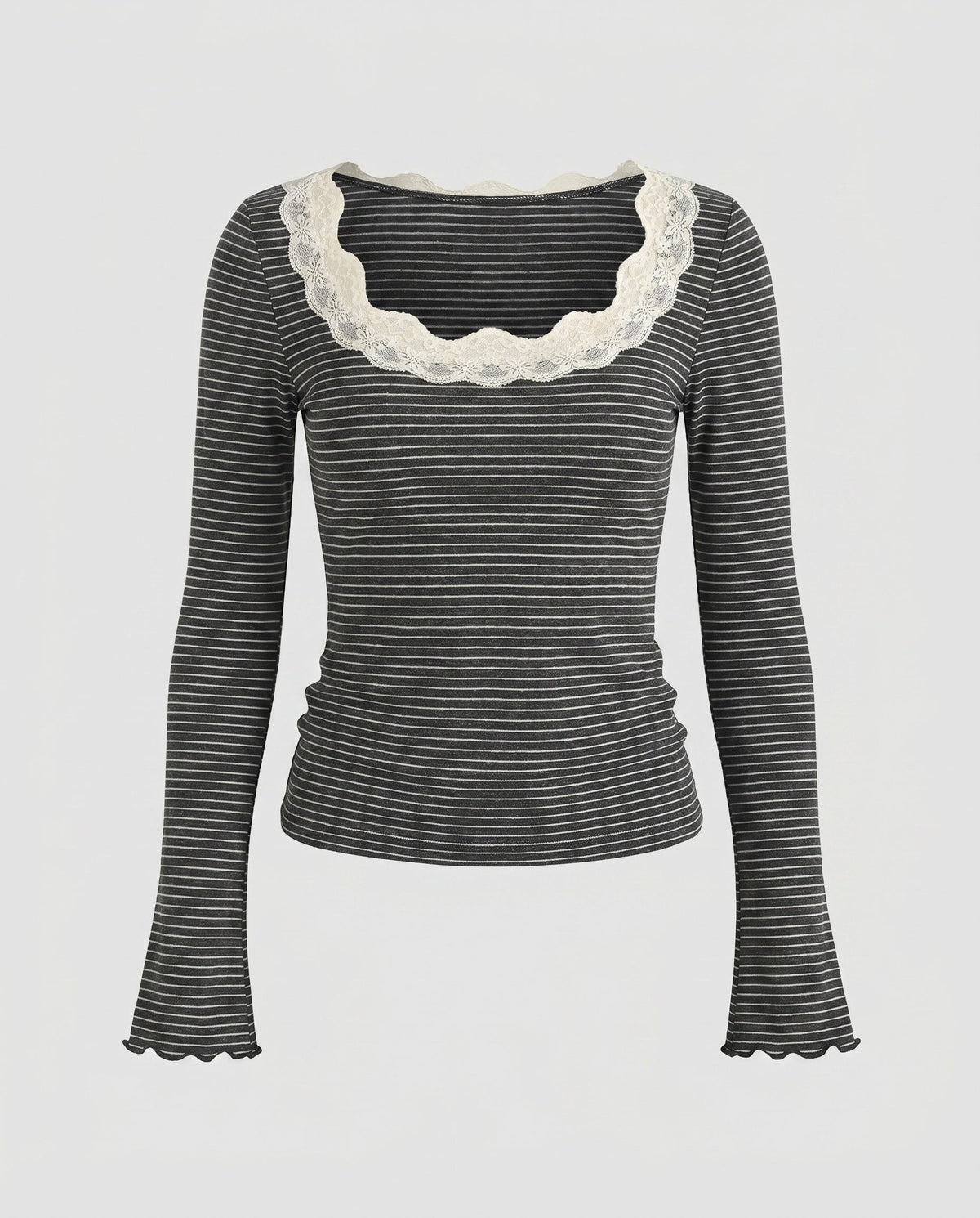 Women's Long Sleeve Shirt with Elegant Lace Collar and Striped Design