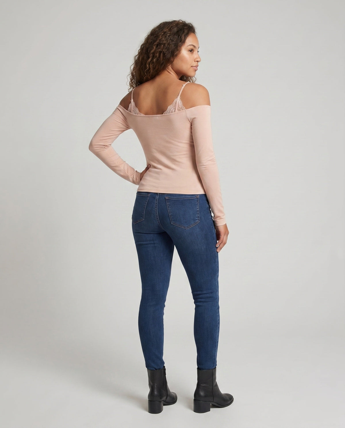 Women's Long Sleeve Shirt with Elegant Lace Overlay and Wrap Detail - Back View