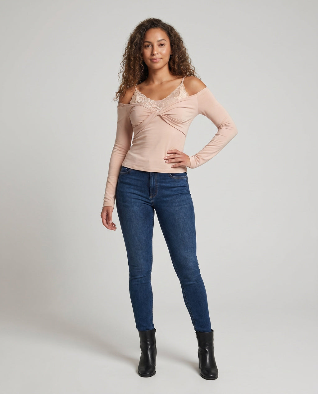 Women's Long Sleeve Shirt with Elegant Lace Overlay and Wrap Detail - Front View