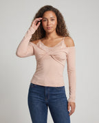 Women's Long Sleeve Shirt with Elegant Lace Overlay and Wrap Detail - Upper Body View