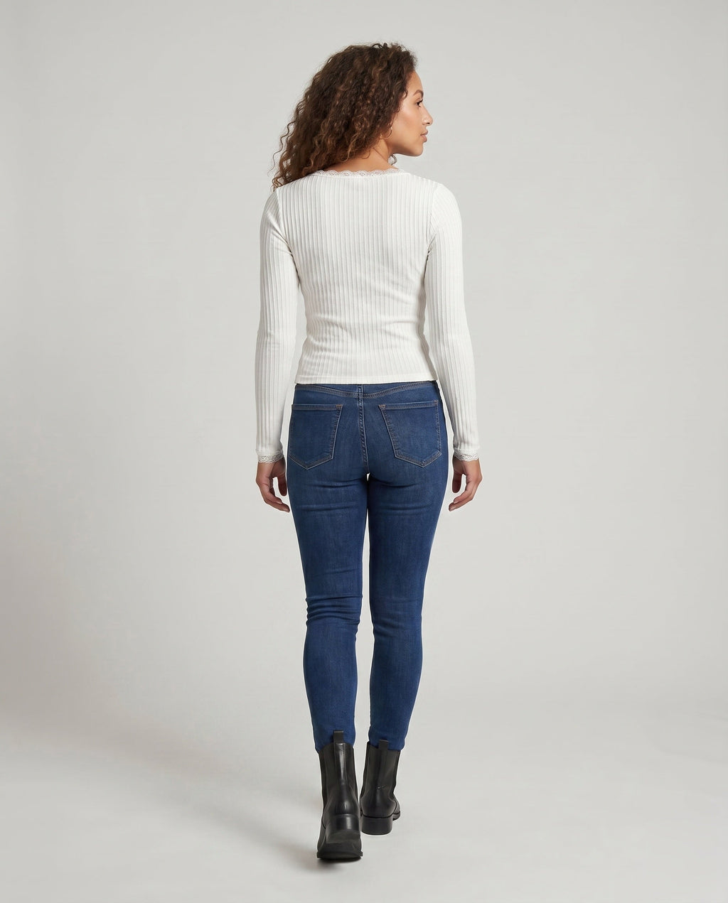 Women's Long Sleeve Shirt with Ribbed Texture and Lace Trim - Back View