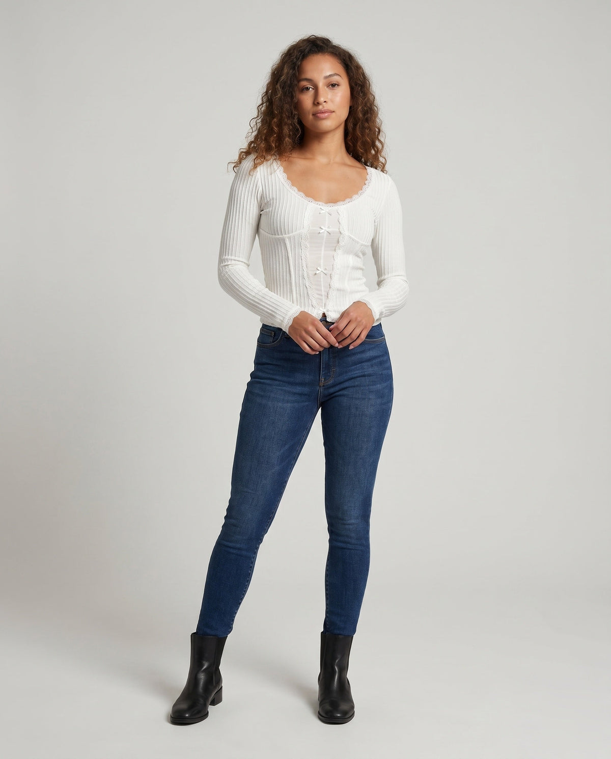 Women's Long Sleeve Shirt with Ribbed Texture and Lace Trim - Front View