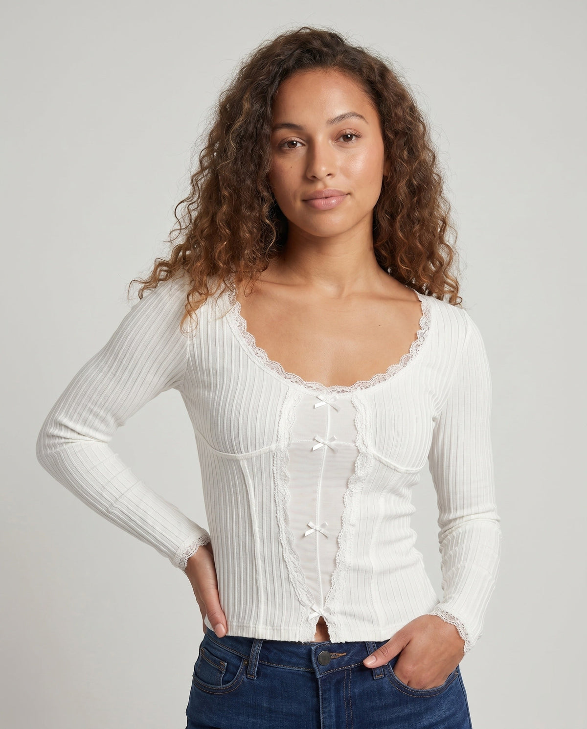 Women's Long Sleeve Shirt with Ribbed Texture and Lace Trim - Upper Body View