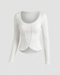 Women's Long Sleeve Shirt with Ribbed Texture and Lace Trim