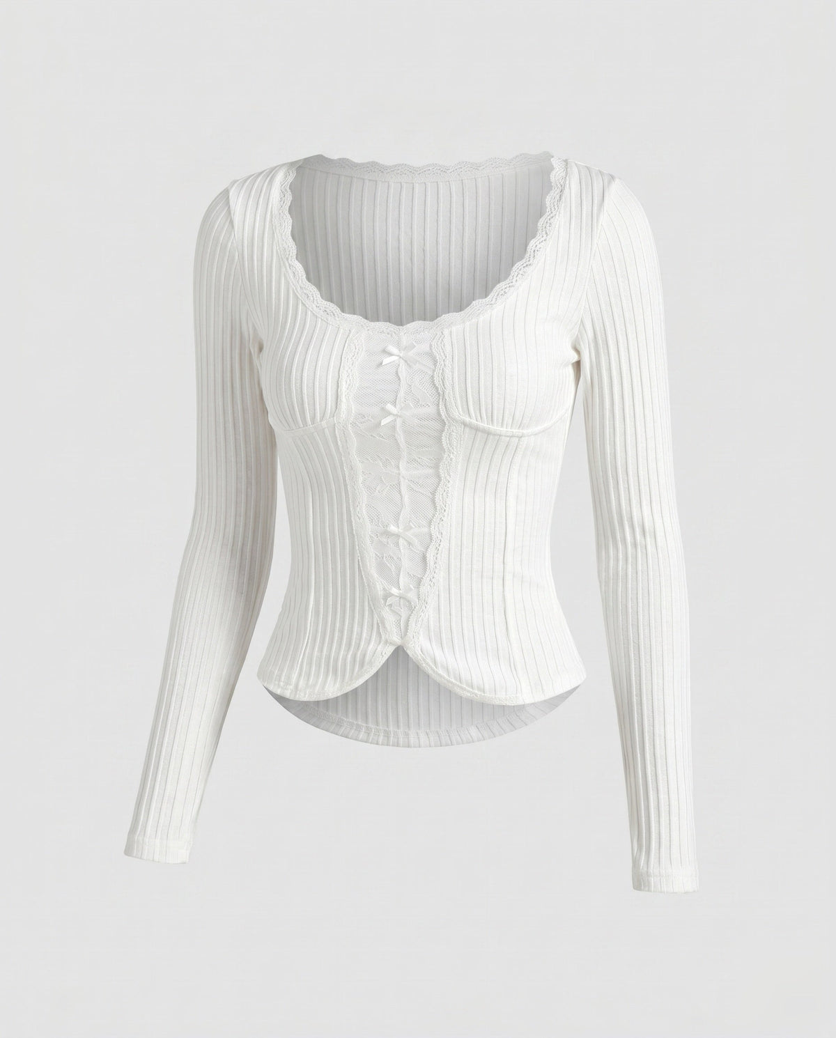 Women's Long Sleeve Shirt with Ribbed Texture and Lace Trim