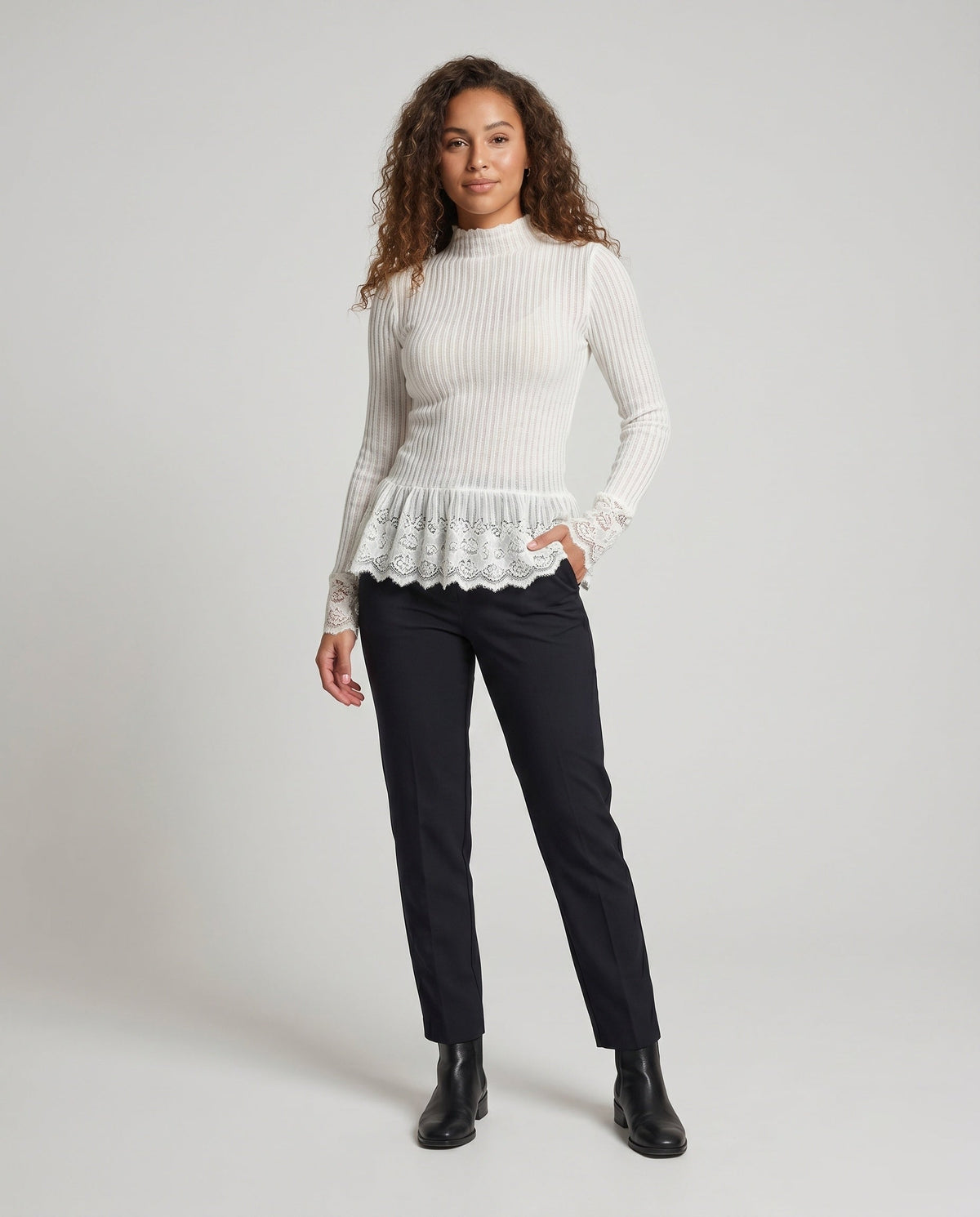 Women's Long Sleeve Shirt with Romantic Lace Ruffle Hem - Front View