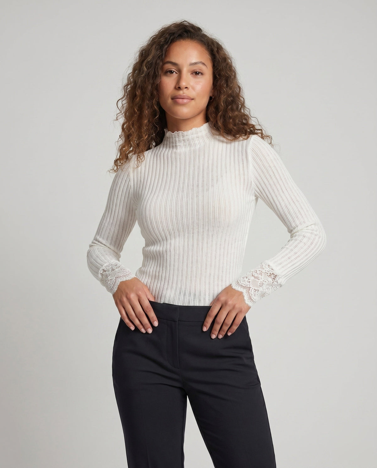 Women's Long Sleeve Shirt with Romantic Lace Ruffle Hem - Upper Body View