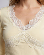 Women's Long Sleeve Shirt with Romantic Lace Accents, Elegant V-Neck. - Close-Up Detail
